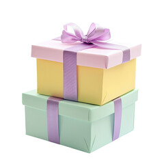 Obraz premium Colorful gift boxes stacked with ribbons, perfect for celebrations and special occasions. These pastel colored boxes add cheerful touch to any event