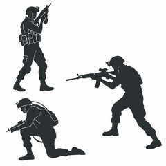 Silhouette vector of soldiers in tactical gear holding rifles ready for battle