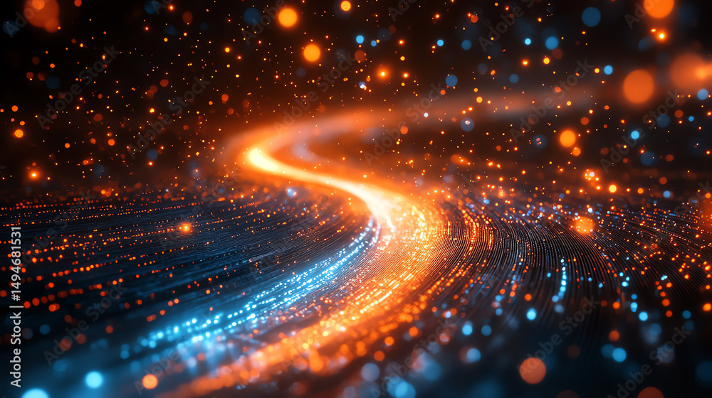 Poster A mesmerizing digital swirl of vibrant blue and orange lights, creating a dynamic visual experience for technology and innovation themes.