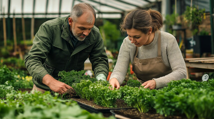Fototapeta premium Polish couple tending to a vegetable garden in a greenhouse during early spring