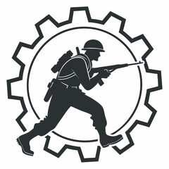 Silhouette soldier in gear symbolizes strength and industrial power united for victory