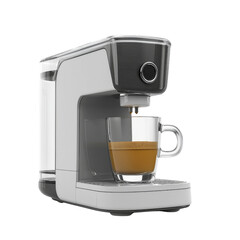 modern coffee machine brewing fresh cup of coffee in clear glass. sleek design features water reservoir and user friendly interface, perfect for coffee lovers
