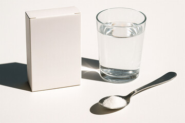 Glass of water, spoon with white powder and a blank white box. Minimalist rehydration supplement concept.