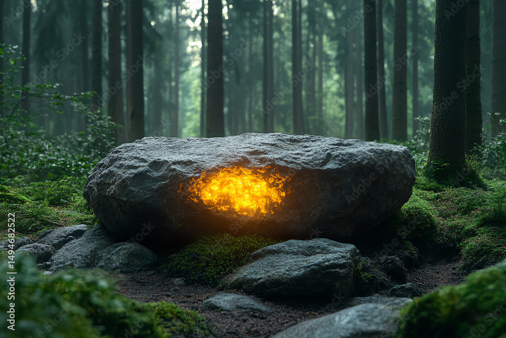 Poster a mystical rock glowing with warm light, surrounded by lush green forest, creating an enchanting atm