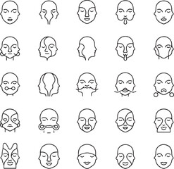 20 Unique Minimalist Icons of Mirrored Curved Profiles with Connecting Loops Between Mouths. 