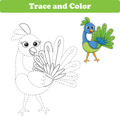 Handwriting Practice. Tracing lines and coloring pou bird for children. Vector Illustration