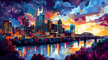 Vibrant city skyline of Nashville illuminated at dusk with famous landmarks