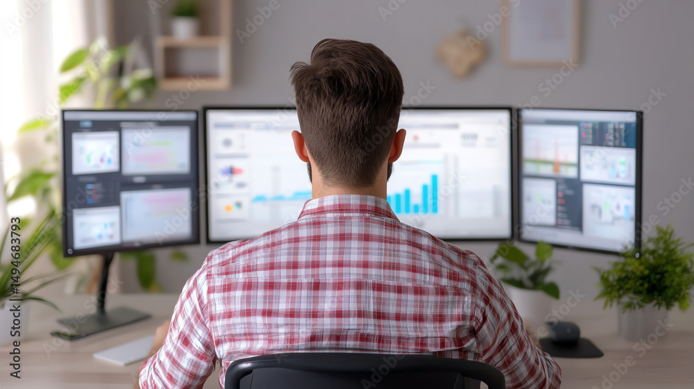 Poster a professional man analyzes data on multiple monitors in a modern office, showcasing a tech-savvy bu