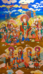Masterpiece of traditional painting art about Buddha story on the temple wall in Lijiang , China.