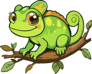 Cute Big-Eyed Cartoon Chameleon Sitting on Tree Branch – Hand-Drawn Vector Style Reptile for Kids and Nature Themes