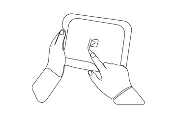 Hands holding tablet isolated line drawing. World Social Media Day concept hand-drawn illustration.