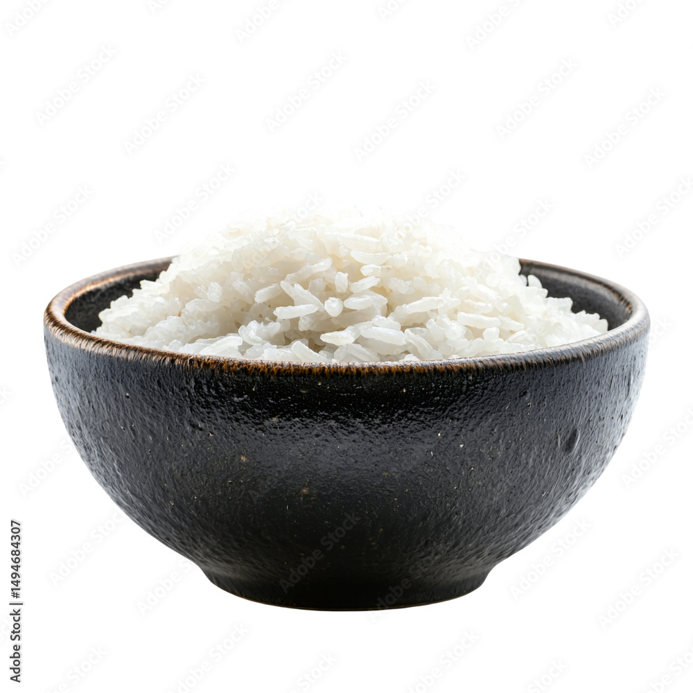 Poster freshly cooked white rice in black bowl, perfect for any meal. this staple food is versatile and can
