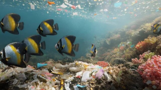 Underwater Pollution and Marine Life: A poignant scene of aquatic life amidst the pervasive impact of marine pollution, highlighting the fragility of the ecosystem and urging environmental awareness.