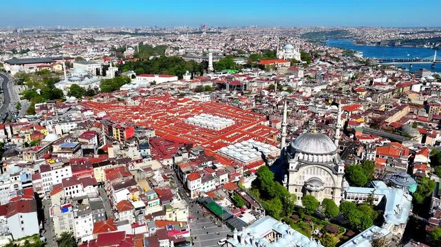 the historical grand bazaar and the Nuruosmaniye mosque and its surroundings drone istanbul