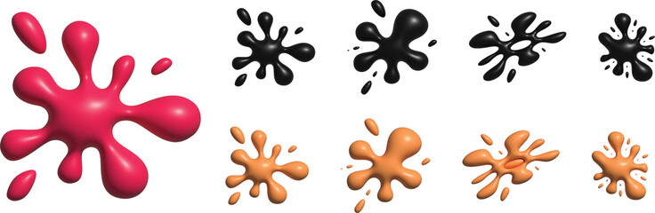 Glossy 3D vector pink black  fluid elements of different abstract shapes - dripping effect, splashing blob, rounded liquid form, scattered droplet pattern.3d png