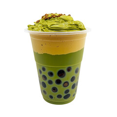 Delicious layered green tea drink with tapioca pearls and whipped cream