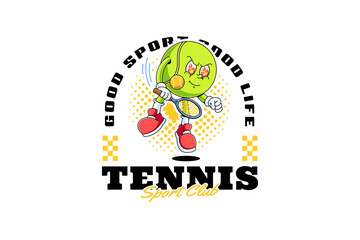 tennis ball retro cartoon character mascot illustration with holding racket, onfire expression and smashing pose for tennis club and professional player mascots and merchandise