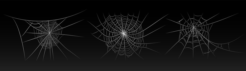 Halloween old spooky cobweb with various sizes and shapes. Old spider web set vector illustration dark gothic decoration for holidays. Corner spider net insect thread cobweb scary frames.