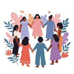Group of women holding hands in a circle with colorful foliage  