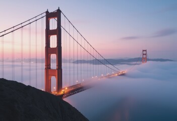 Golden Gate Bridge emerging from fog at sunrise, showcasing stunning architecture
