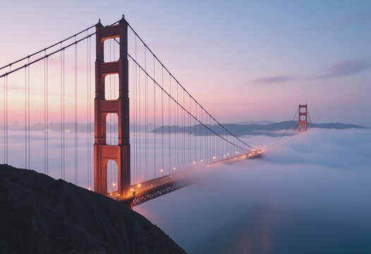 Golden Gate Bridge emerging from fog at sunrise, showcasing stunning architecture