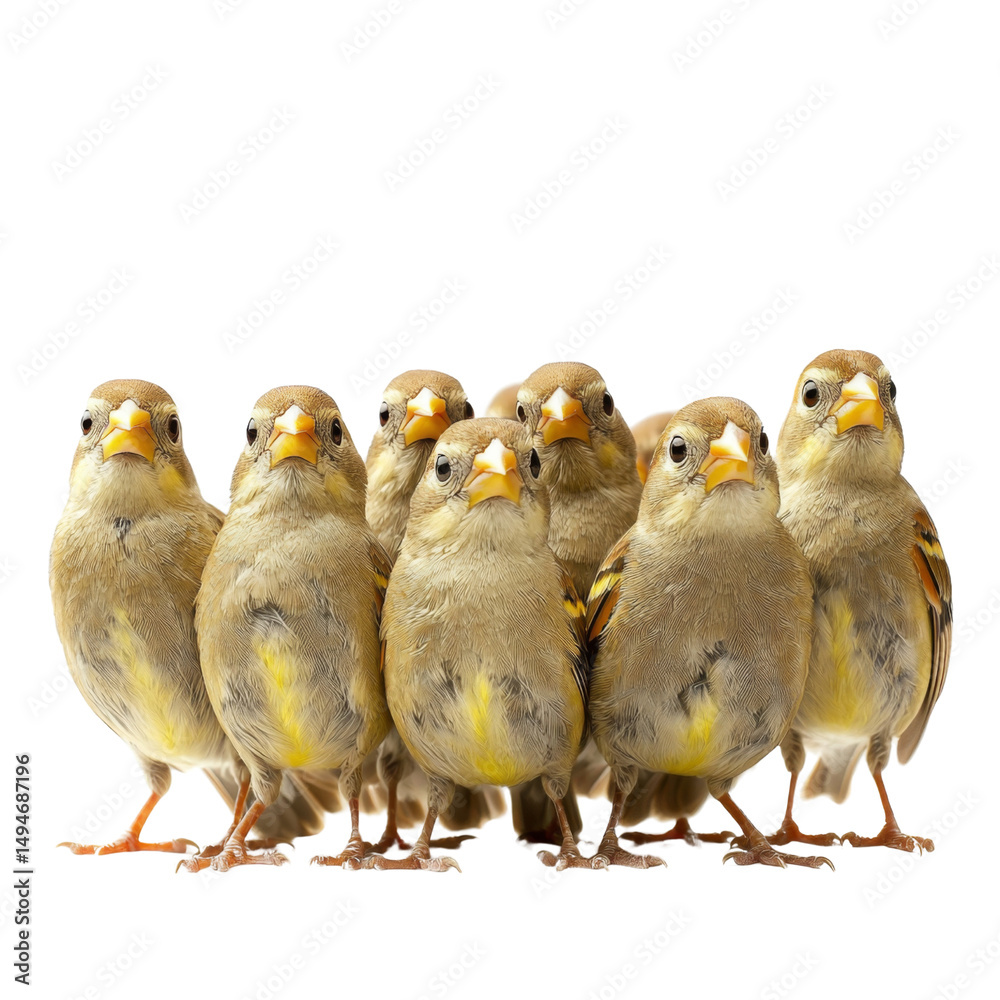 Poster group of small birds standing together, showcasing their yellow and brown feathers. their curious ex