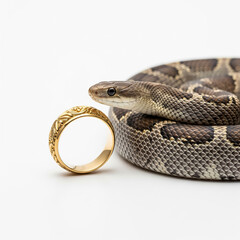 Obraz premium Python snake rests beside a golden ring with intricate design on clean white background
