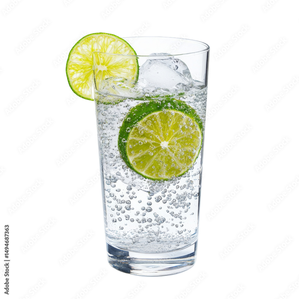 Poster Refreshing sparkling water with lime slices and ice cubes in clear glass. Perfect for hydration and summer enjoyment