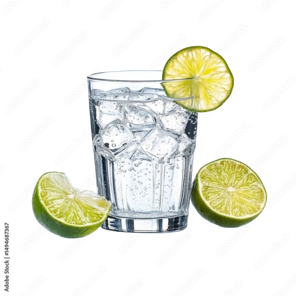Poster refreshing lime drink with ice in glass, garnished with lime slices. perfect for summer or parties