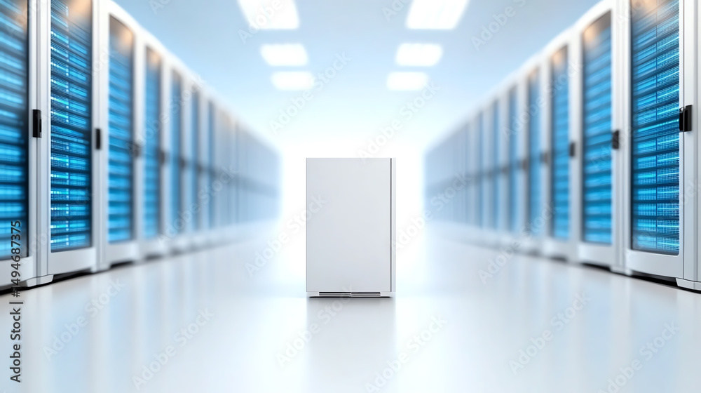 Poster a sleek server in a modern data center, highlighting technology and innovation in information storag