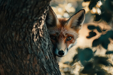 Fototapeta premium Generative AI image of curious wild red fox peeking from behind tree trunk in green summer forest with soft natural lighting