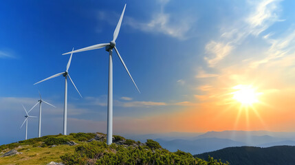 A stunning landscape featuring wind turbines against a bright sunset, symbolizing renewable energy and sustainable living.