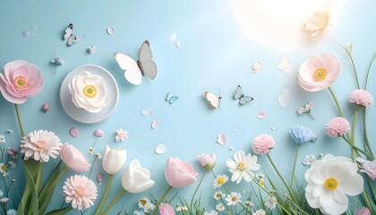Blooming Beauty: A spring-inspired composition, blooming flowers gracefully arranged amidst fluttering butterflies and soft, pastel tones, evoking feelings of freshness and delicate elegance.