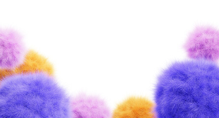 Cute fur fluffy frame with soft plush colorful balls. Pastel pink blue yellow spheres on white 3d background. Birthday banner template with border of fuzzy wool orb with hair texture. 3D illustration