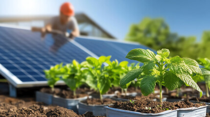 A technician installing solar panels in a garden with young plants, showcasing renewable energy and sustainable living.