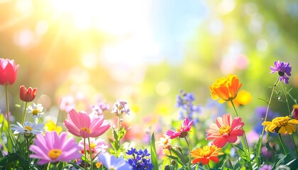 Blooming Meadow: A vibrant array of colorful flowers, bathed in the golden sunlight, blossoms in a picturesque meadow scene, evoking feelings of serenity and the freshness of spring.