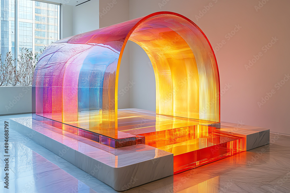 Poster a vibrant, contemporary art installation featuring colorful translucent arches, creating a visual sp