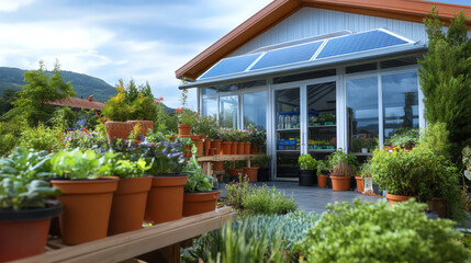A vibrant garden filled with potted plants and succulents, showcasing nature's beauty near a modern greenhouse.