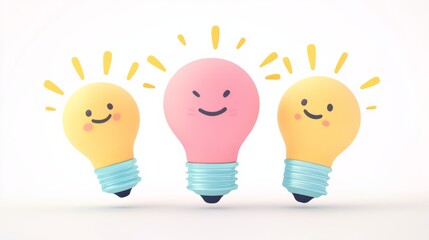 Happy Lightbulb Ideas 3D Render, Innovation, Creativity, Idea Generation, Brainstorming