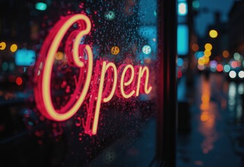 Neon Open sign glowing through rain-soaked window at night