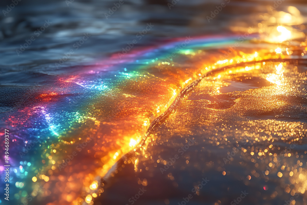 Poster a vibrant rainbow reflecting off the surface of water, creating a breathtaking display of colors and
