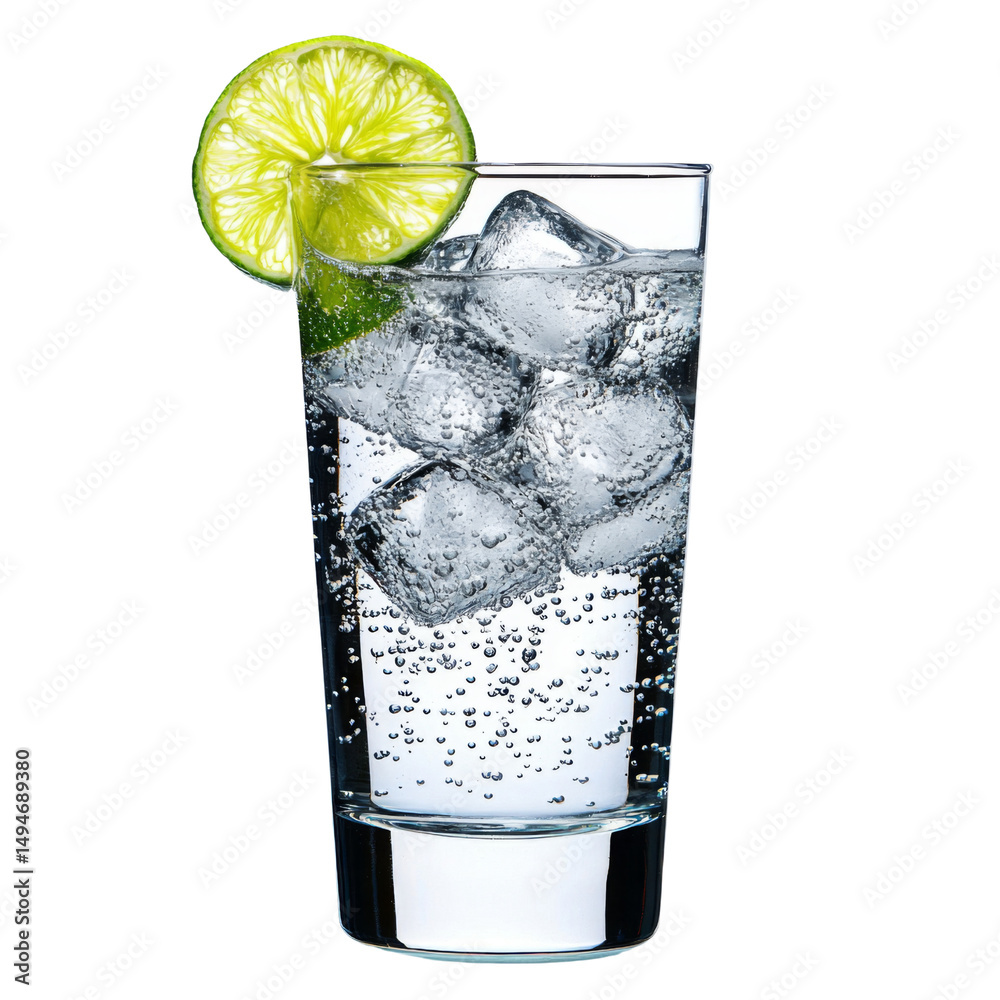 Poster refreshing glass of sparkling water with ice and lime slice, perfect for hydration and enjoyment. id