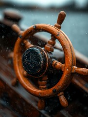 Rain lashes a weathered wooden ship's wheel, evoking feelings of adventure and nautical nostalgia. The close-up reveals intricate details and rich textures