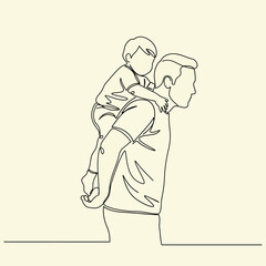 Single one-line drawing father carrying his child on his back. Father's Day concept. Continuous line draw design graphic vector illustration.