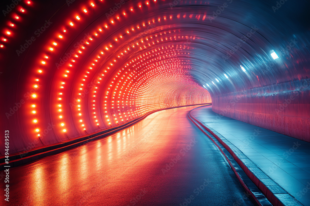 Poster A vibrant tunnel illuminated by colorful lights, creating an atmospheric pathway with reflections and dynamic hues. Perfect for urban imagery.
