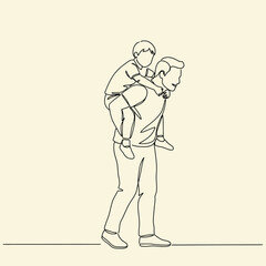 Single one-line drawing father carrying his child on his back. Father's Day concept. Continuous line draw design graphic vector illustration.