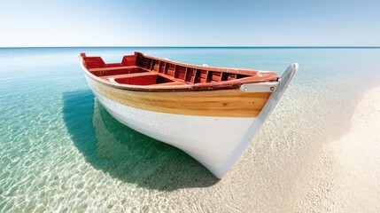 White boat on the shore of a sandy beach.