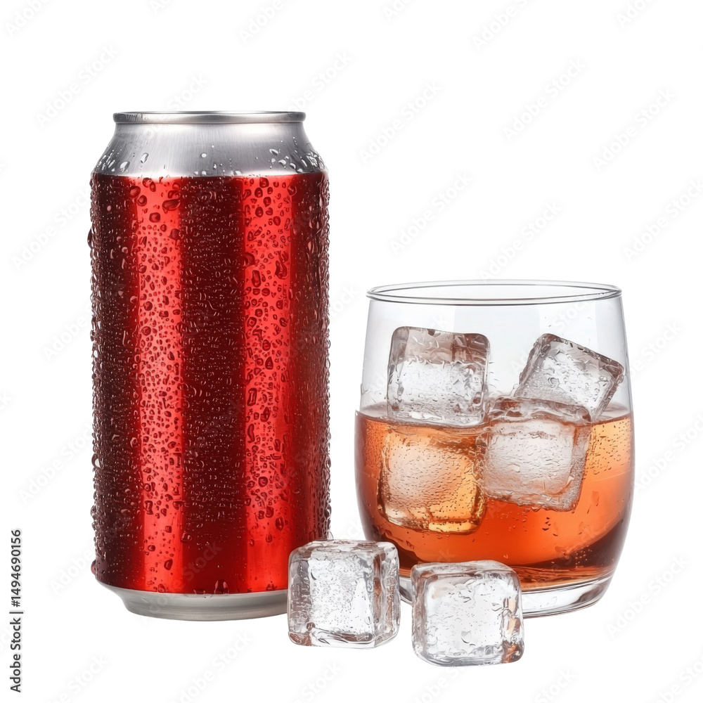 Poster cold beverage can with condensation next to glass filled with ice cubes and refreshing drink. perfec