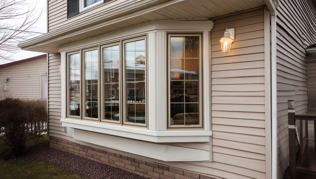 Fototapeta Vinyl-siding house with a bay window, enhancing the overall aesthetic of the exterior.