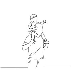 Single one-line drawing father carrying his child on his back. Father's Day concept. Continuous line draw design graphic vector illustration.
